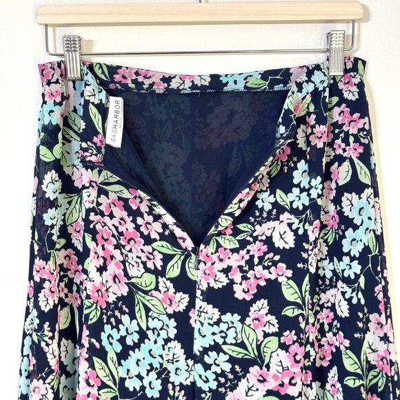 Vtg Y2K Sag Harbor Floral Flared Chiffon Skirt Elastic Waist Fairy Feminine Navy - Picture 7 of 14